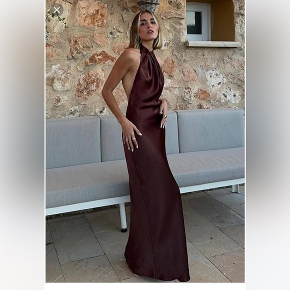 Zara Dresses & Skirts - Zara NWT Elegant Halter Satin Maxi Dress in Rich burgundy size M